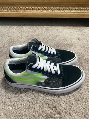 Vans Men's Black Low-Top Sneakers with Neon Green Flame Graphic